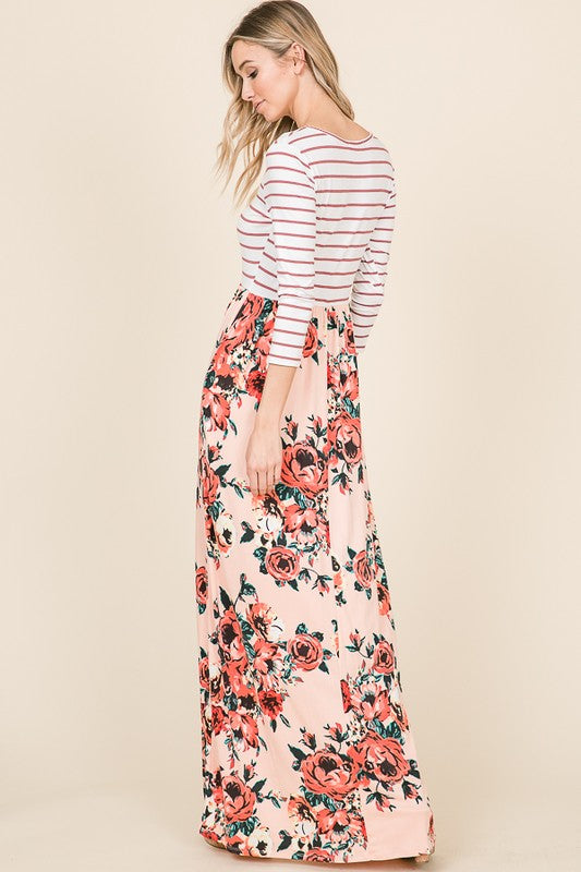 Striped top floral hot sale bottom maxi dress