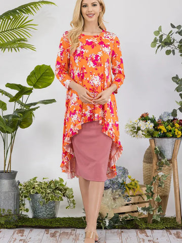 Orange Floral Ruffle Top