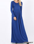 VISCOSE PLEATED WAIST LONG SLEEVE ROUND NECK  DRESS WITH SIDE POCKETS