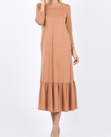 Viscose 3/4 sleeve ruffle hem long dress