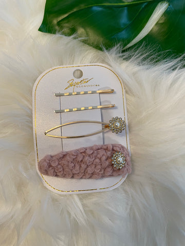 Pearl Flowers and Fur Hair Clips